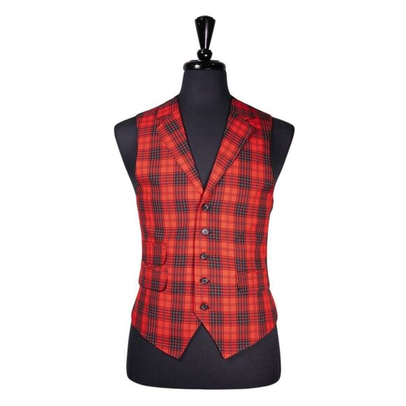 Mens Waistcoat Suit Vest 40R Red Black White Plaid 100% Wool Formal Wedding Prom - Picture 1 of 9